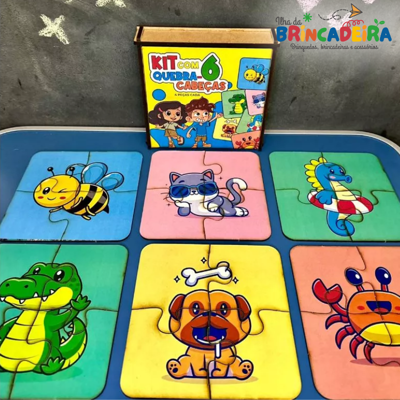 Kit 6 Quebra-Cabeças MDF Infantil – 4 Peças Cada | Ilha da Brincadeira