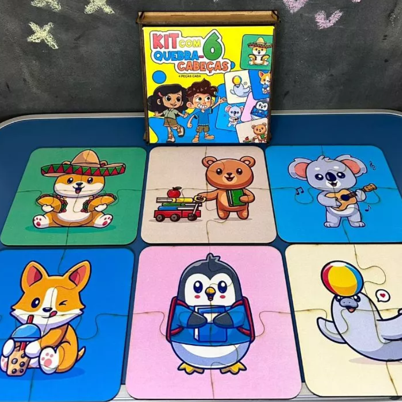 Kit 6 Quebra-Cabeças MDF Infantil – 4 Peças Cada | Ilha da Brincadeira