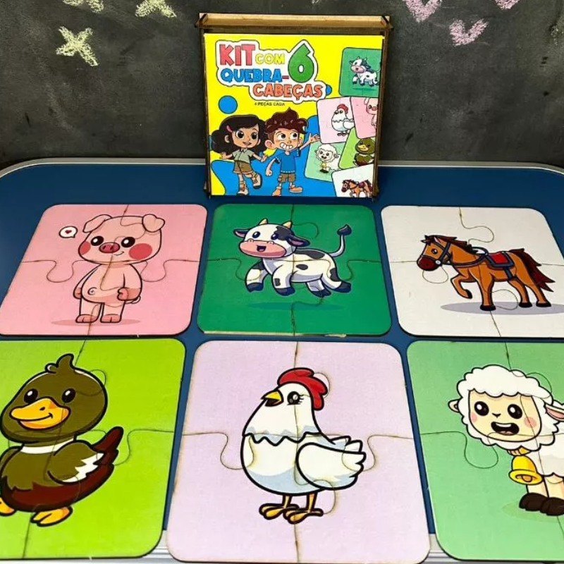 Kit 6 Quebra-Cabeças MDF Infantil – 4 Peças Cada | Ilha da Brincadeira