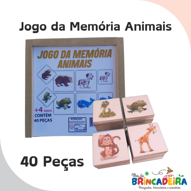 Jogo da Memória de Animais – 40 Peças Educativas | Ilha da Brincadeira