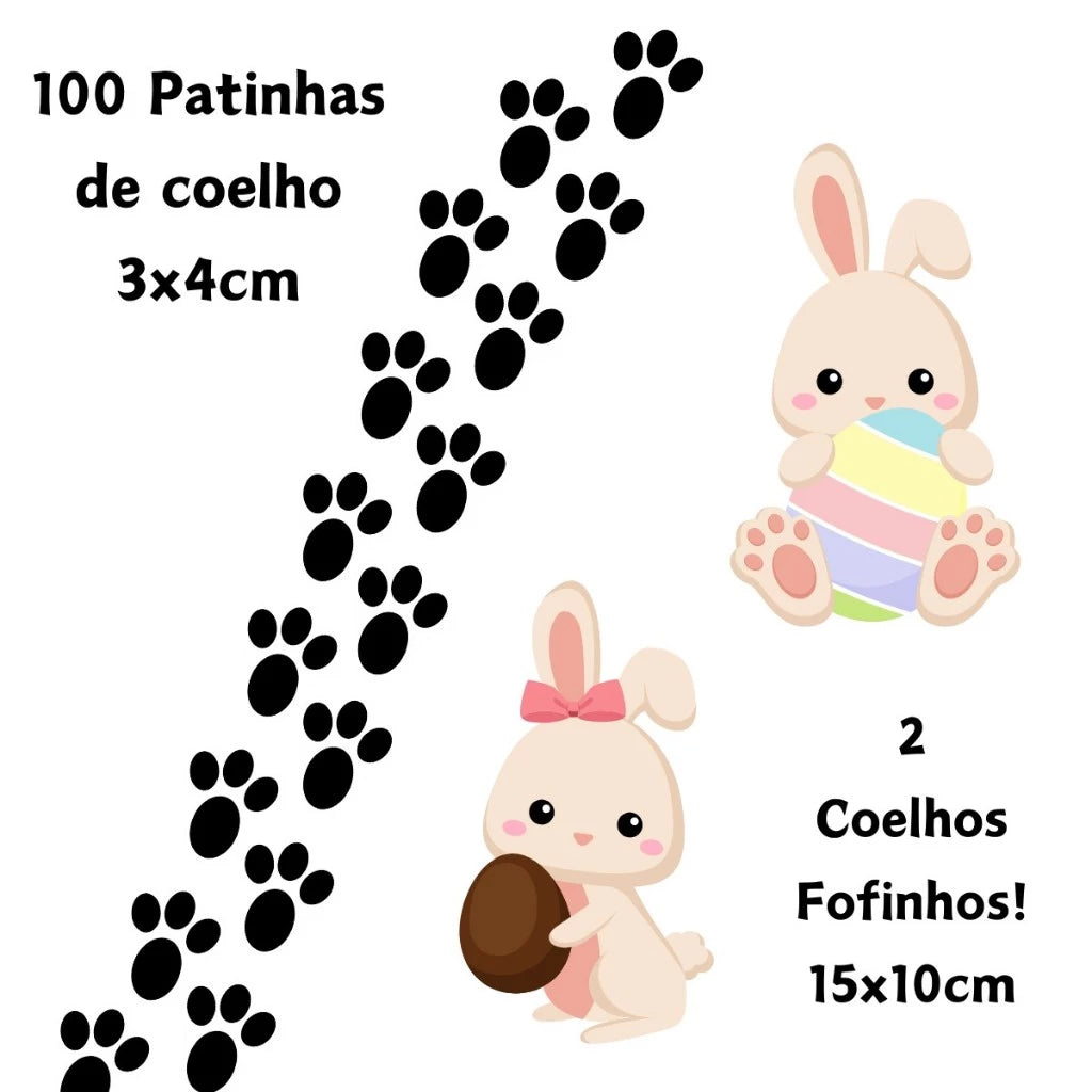 🐰 Kit Caça aos Ovos com 110 Adesivos de Patinhas de Coelho