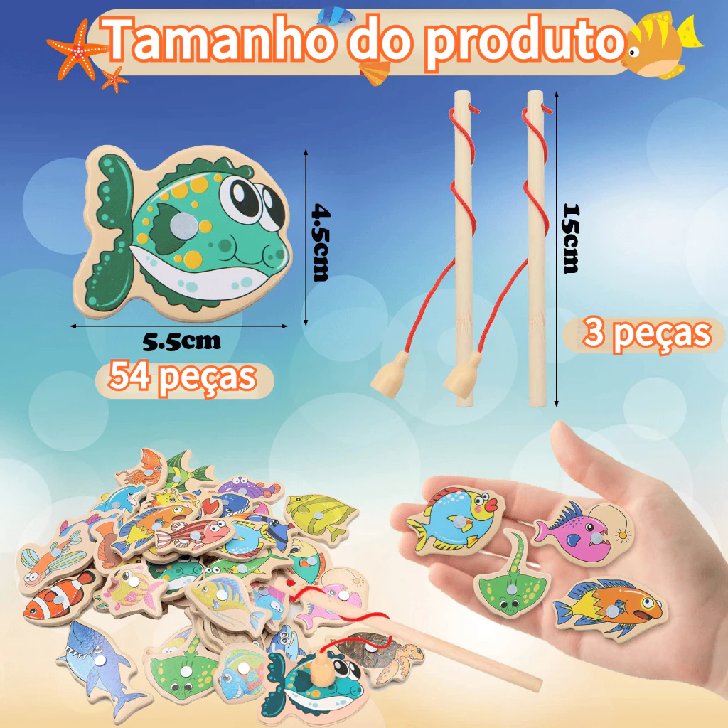 Jogo Pescaria Magnética Infantil – 54 Peças de Madeira | Ilha da Brincadeira