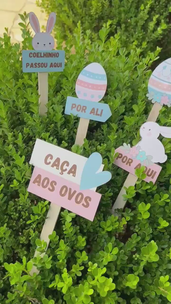 🐰 Kit com 5 Placas Decorativas para Caça aos Ovos de Páscoa