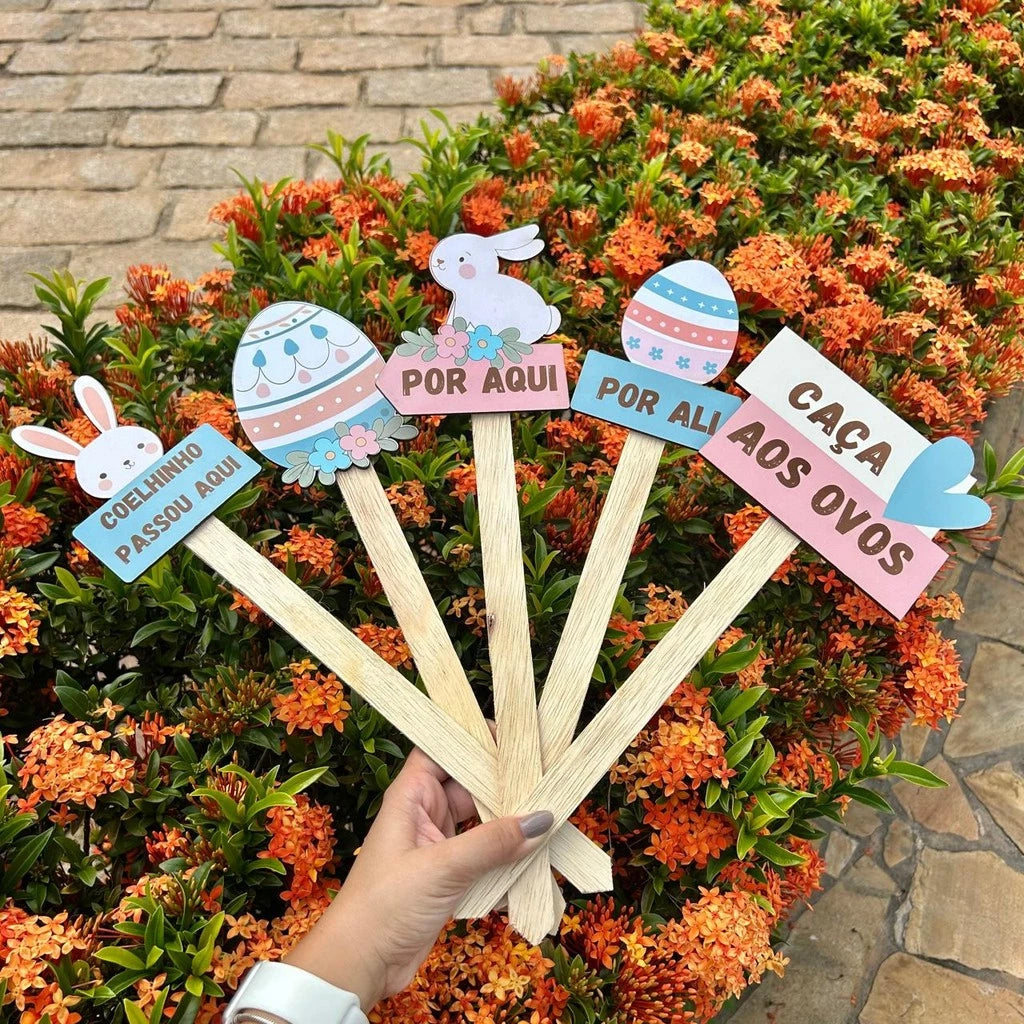 🐰 Kit com 5 Placas Decorativas para Caça aos Ovos de Páscoa