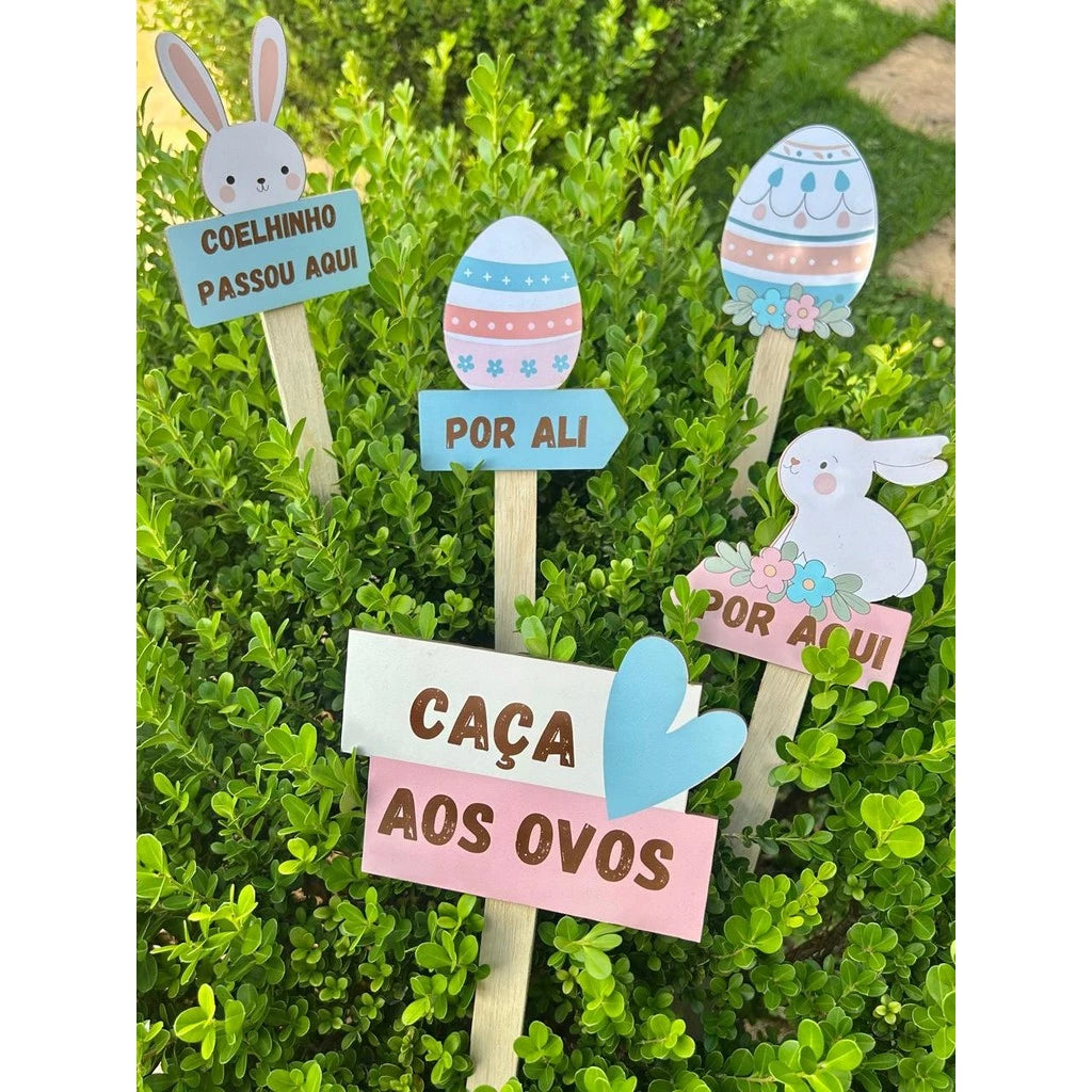 🐰 Kit com 5 Placas Decorativas para Caça aos Ovos de Páscoa