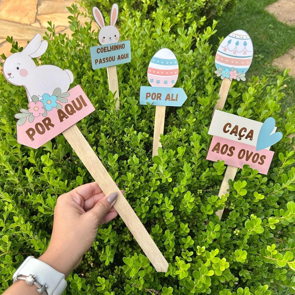 🐰 Kit com 5 Placas Decorativas para Caça aos Ovos de Páscoa