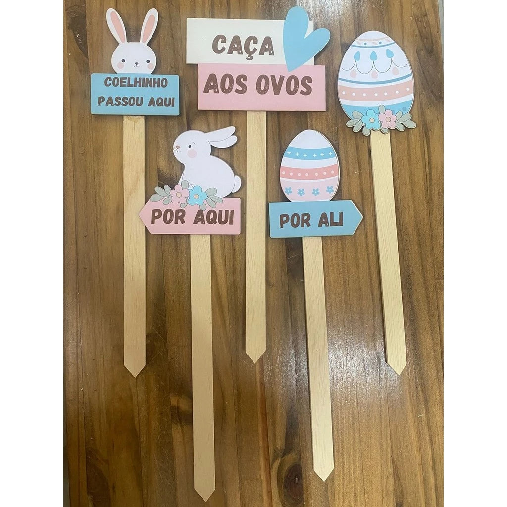🐰 Kit com 5 Placas Decorativas para Caça aos Ovos de Páscoa