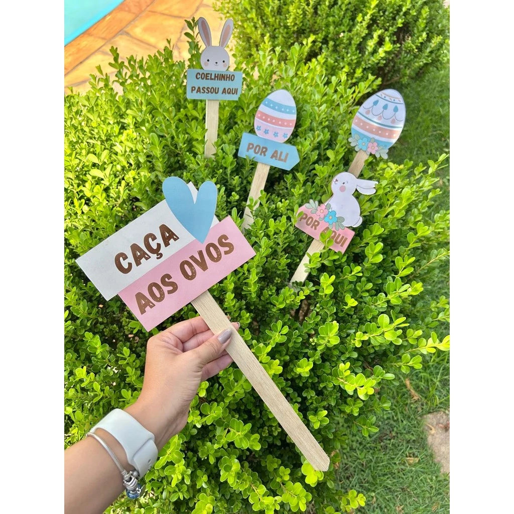 🐰 Kit com 5 Placas Decorativas para Caça aos Ovos de Páscoa